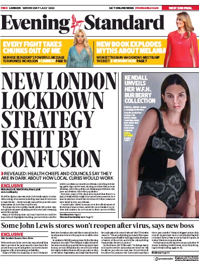 London Evening Standard Newspaper Front Page for 2 July 2020