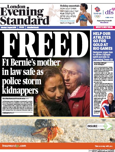 London Evening Standard Newspaper Front Page for 2 August 2016
