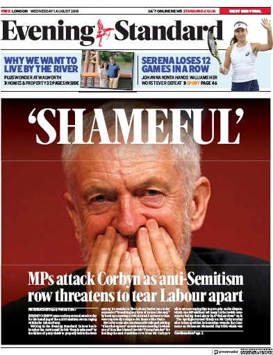 London Evening Standard Newspaper Front Page for 2 August 2018