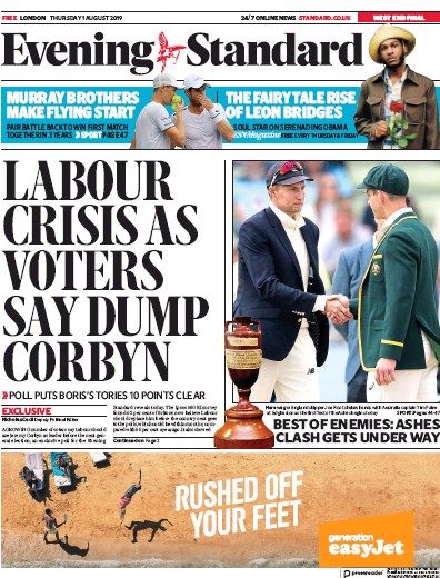 London Evening Standard (UK) Newspaper Front Page for 2 August 2019