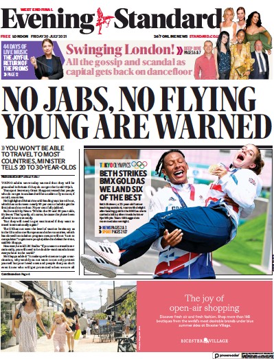 London Evening Standard (UK) Newspaper Front Page for 2 August 2021