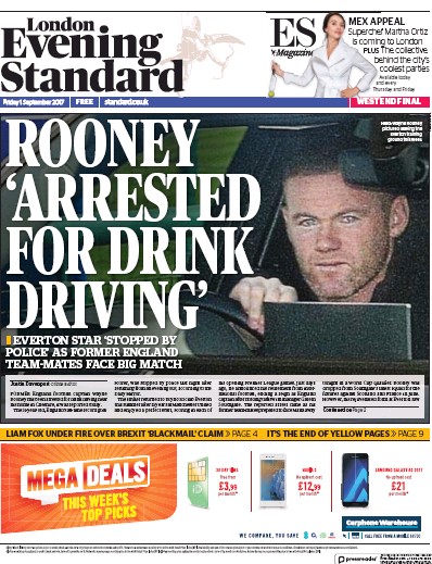 London Evening Standard Newspaper Front Page for 2 September 2017