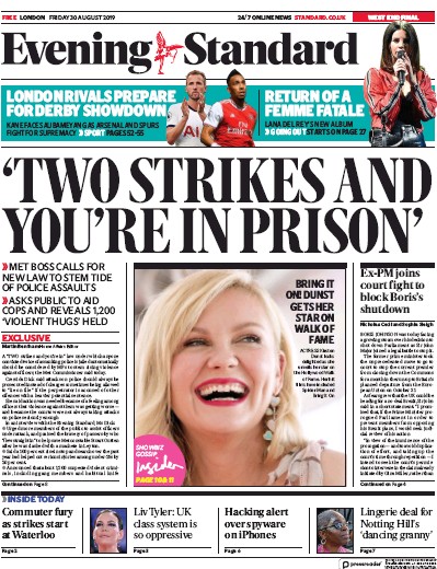 London Evening Standard Newspaper Front Page for 2 September 2019