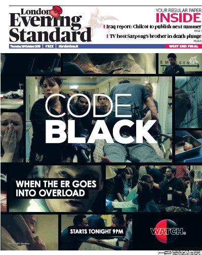 London Evening Standard Newspaper Front Page for 30 October 2015