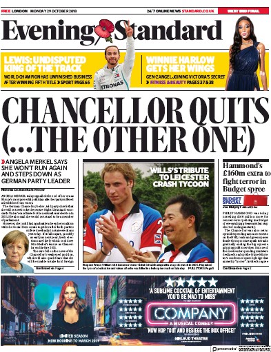 London Evening Standard Newspaper Front Page for 30 October 2018