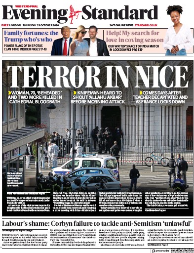 London Evening Standard Newspaper Front Page for 30 October 2020
