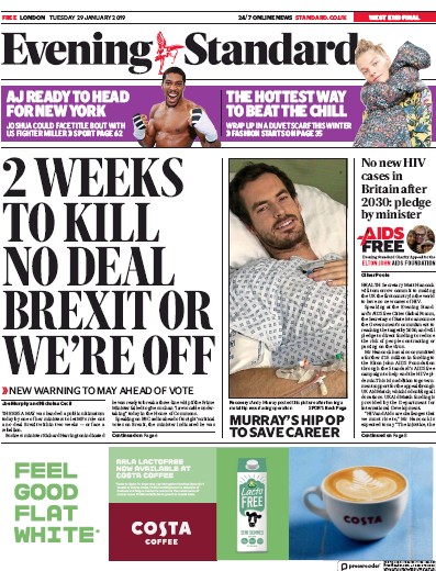 London Evening Standard Newspaper Front Page for 30 January 2019