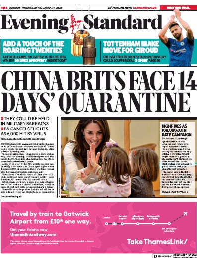 London Evening Standard Newspaper Front Page for 30 January 2020