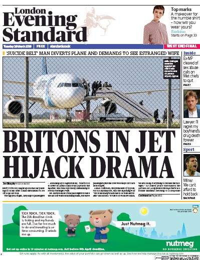 London Evening Standard (UK) Newspaper Front Page for 30 March 2016