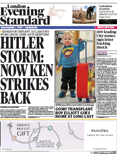 London Evening Standard (UK) Newspaper Front Page for 30 April 2016
