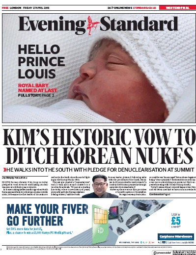 London Evening Standard Newspaper Front Page for 30 April 2018