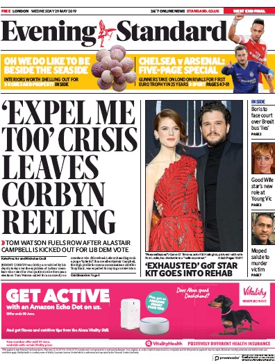 London Evening Standard (UK) Newspaper Front Page for 30 May 2019