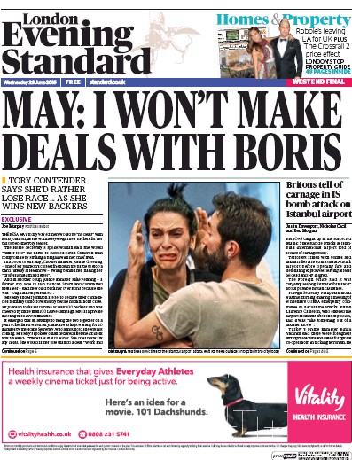 London Evening Standard Newspaper Front Page for 30 June 2016