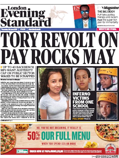 London Evening Standard Newspaper Front Page for 30 June 2017
