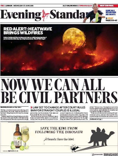 London Evening Standard Newspaper Front Page for 30 June 2018