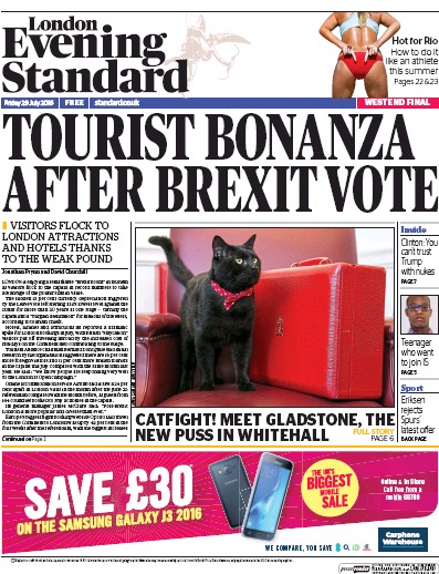London Evening Standard Newspaper Front Page for 30 July 2016