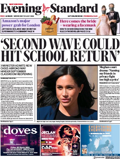 London Evening Standard Newspaper Front Page for 30 July 2020