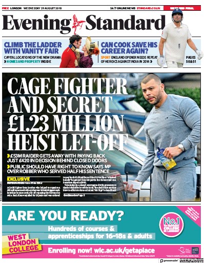 London Evening Standard (UK) Newspaper Front Page for 30 August 2018