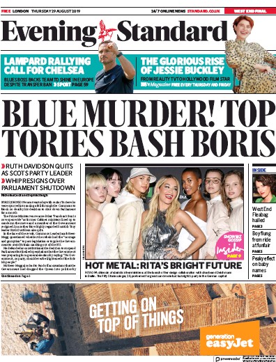 London Evening Standard Newspaper Front Page for 30 August 2019