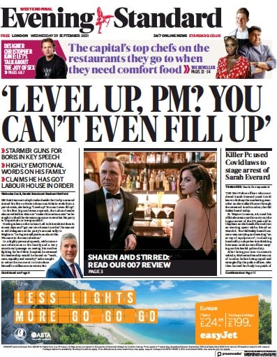 London Evening Standard (UK) Newspaper Front Page for 30 September 2021