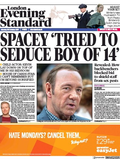 London Evening Standard Newspaper Front Page for 31 October 2017