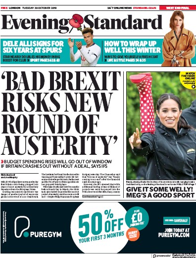 London Evening Standard Newspaper Front Page for 31 October 2018