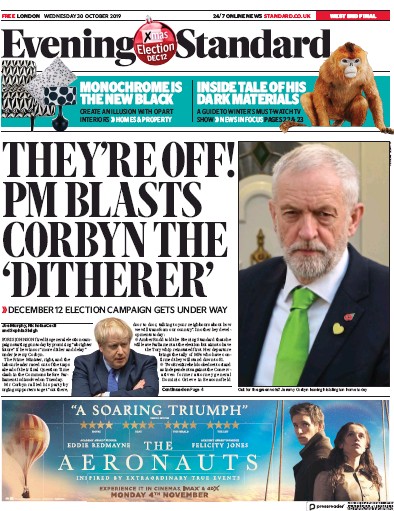 London Evening Standard Newspaper Front Page for 31 October 2019