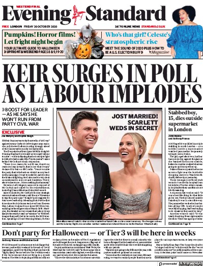 London Evening Standard Newspaper Front Page for 31 October 2020