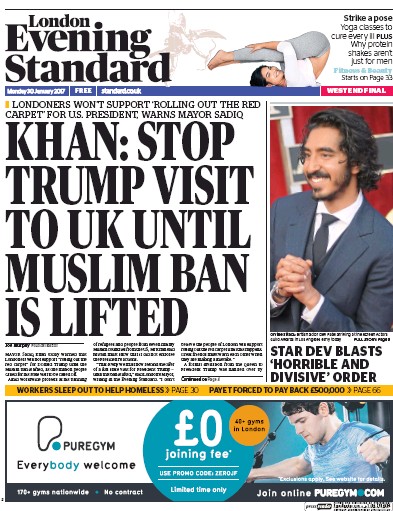 London Evening Standard Newspaper Front Page for 31 January 2017