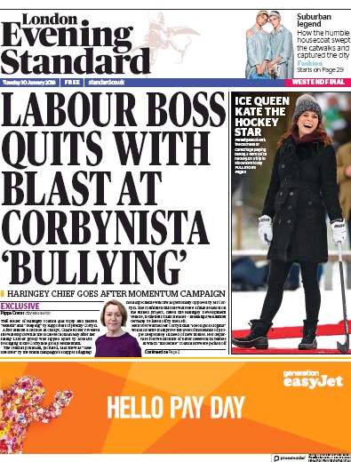 London Evening Standard Newspaper Front Page for 31 January 2018