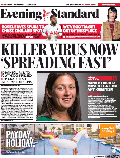 London Evening Standard (UK) Newspaper Front Page for 31 January 2020