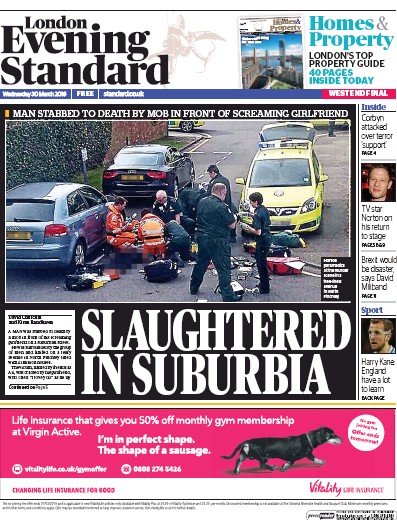 London Evening Standard Newspaper Front Page for 31 March 2016