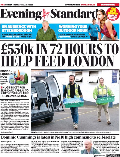 London Evening Standard Newspaper Front Page for 31 March 2020