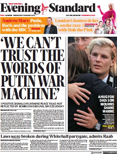 London Evening Standard Newspaper Front Page for 31 March 2022
