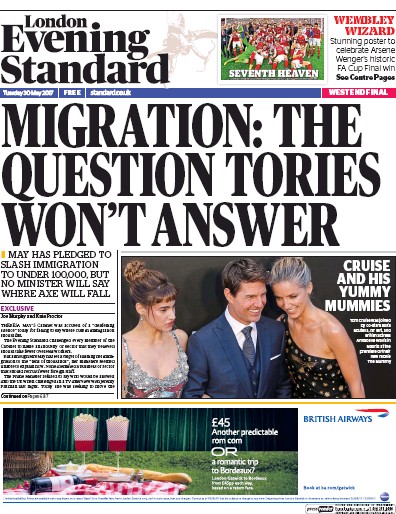 London Evening Standard Newspaper Front Page for 31 May 2017