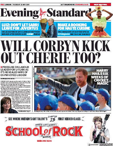 London Evening Standard Newspaper Front Page for 31 May 2019