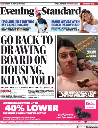 London Evening Standard Newspaper Front Page for 31 July 2018