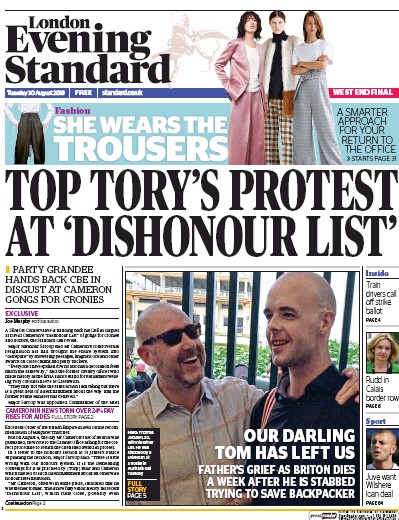 London Evening Standard Newspaper Front Page for 31 August 2016
