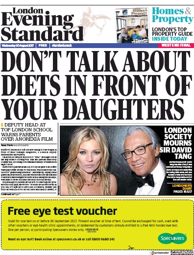 London Evening Standard Newspaper Front Page for 31 August 2017