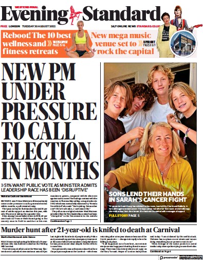 London Evening Standard (UK) Newspaper Front Page for 31 August 2022