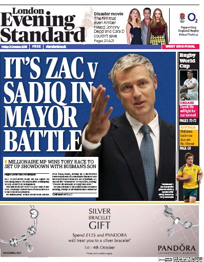 London Evening Standard Newspaper Front Page for 3 October 2015