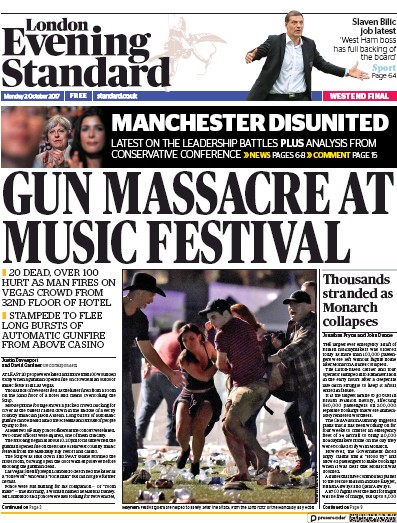 London Evening Standard Newspaper Front Page for 3 October 2017