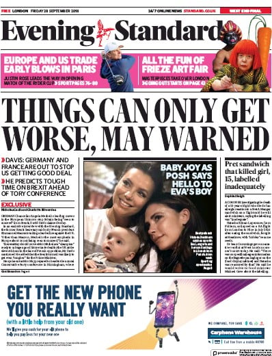 London Evening Standard Newspaper Front Page for 3 October 2018