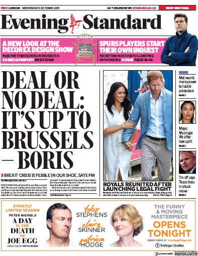 London Evening Standard (UK) Newspaper Front Page for 3 October 2019