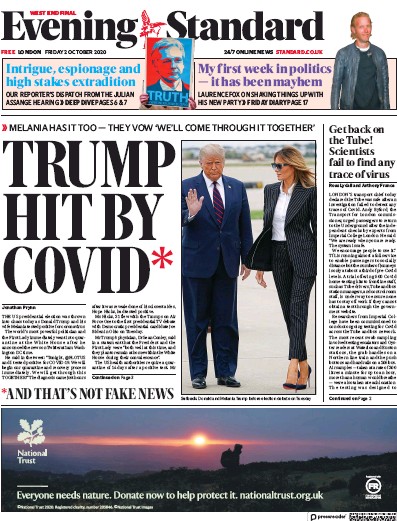 London Evening Standard Newspaper Front Page for 3 October 2020