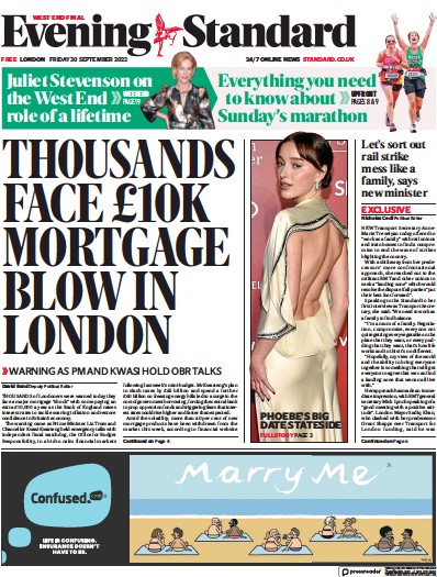 London Evening Standard Newspaper Front Page for 3 October 2022