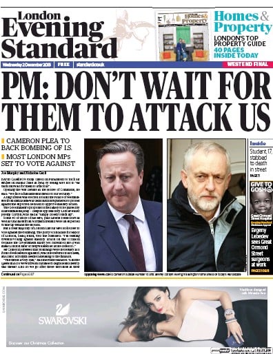 London Evening Standard Newspaper Front Page for 3 December 2015