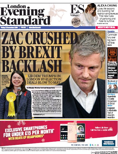 London Evening Standard Newspaper Front Page for 3 December 2016