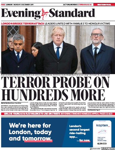 London Evening Standard Newspaper Front Page for 3 December 2019