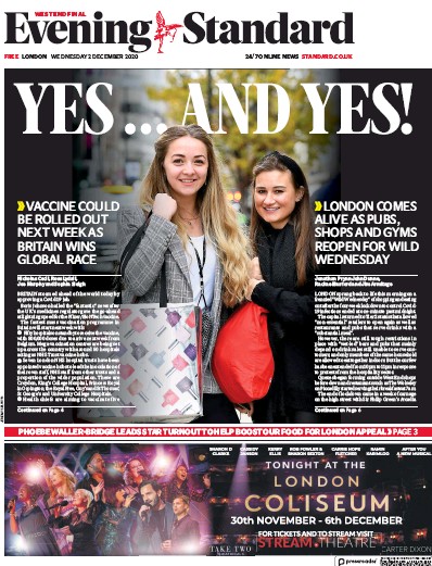 London Evening Standard Newspaper Front Page for 3 December 2020
